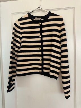H&M Black and Cream Striped Button Lady Coat
